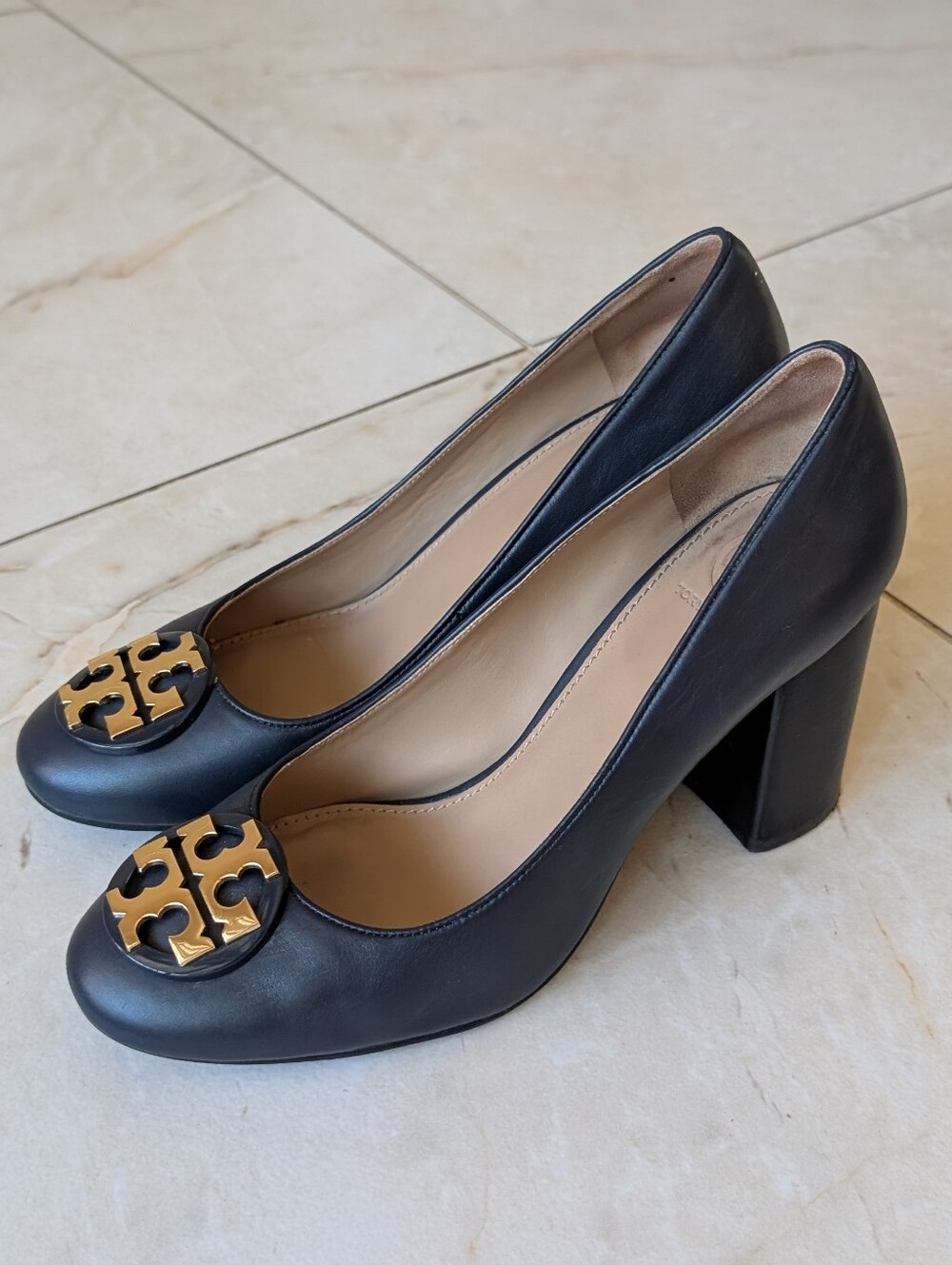 Tory Burch | Navy Blue Leather Janey Block Heel Pumps